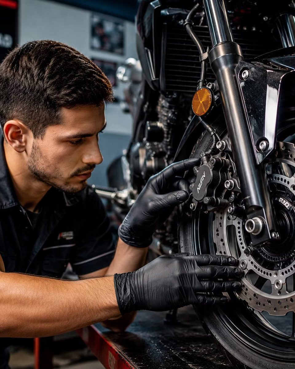Mecánico revisando el freno a disco de una moto