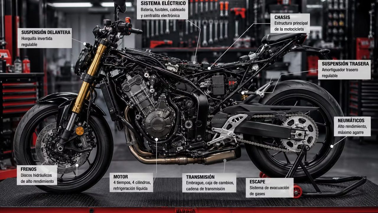 Infografía de las partes de una moto, de la guía