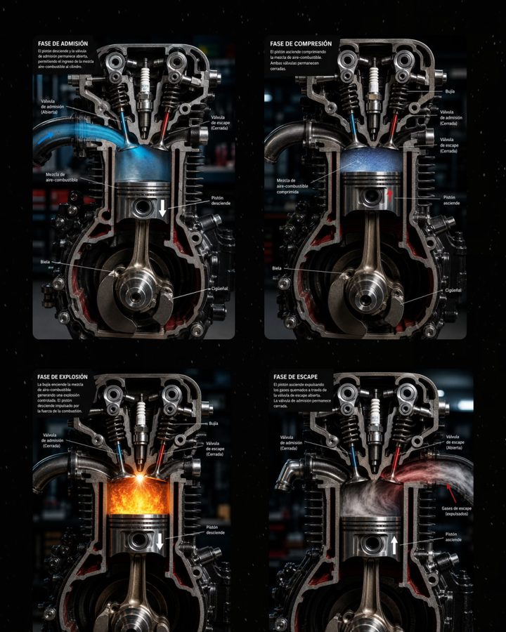 Los 4 tiempos del motor ilustrados
